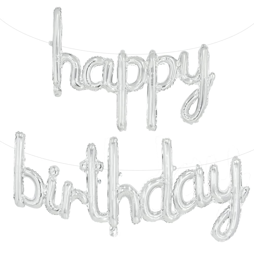 Toniful Silver Happy Birthday Balloons Banner, 16 Inch Mylar Foil Script/Cursive Letters Birthday Sign Banner Balloon Reusable M