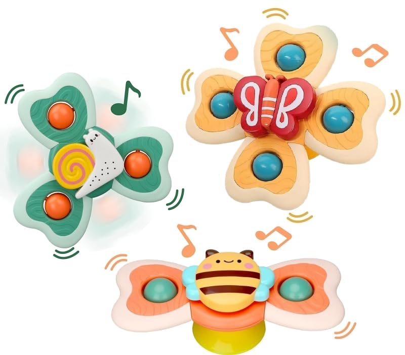 Umadiya Baby Bath Toys Spinner Toy 3 Pcs Pop It Fidget Toys Toddlers Boys Girls Waterproof Suction Cup Spinning Top Rotating Mon
