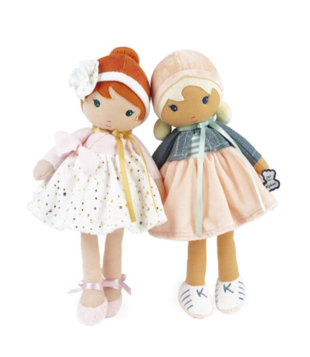 Kaloo Tendresse My First Fabric Doll Chloe K 9.75” Medium Soft Plush Figure In Peach And Striped Dress, Denim Jacket And Blonde Hair With Embroidered Face Machine Washable For Ages 0+, K963659