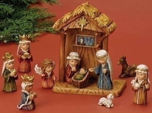 Woodworks 11-Piece Nativity Set Featuring Children As The Holy Family An Angel, A Shepherd With Sheep And 3 Kings, 8-Inch (36144)