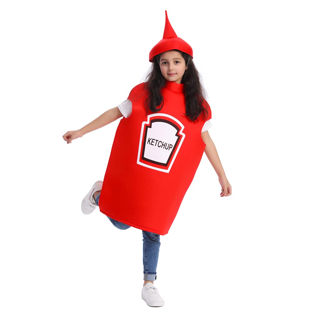 Dsplay Kids Mustard Ketchup Costume Halloween Party (10-12 Years, Red)