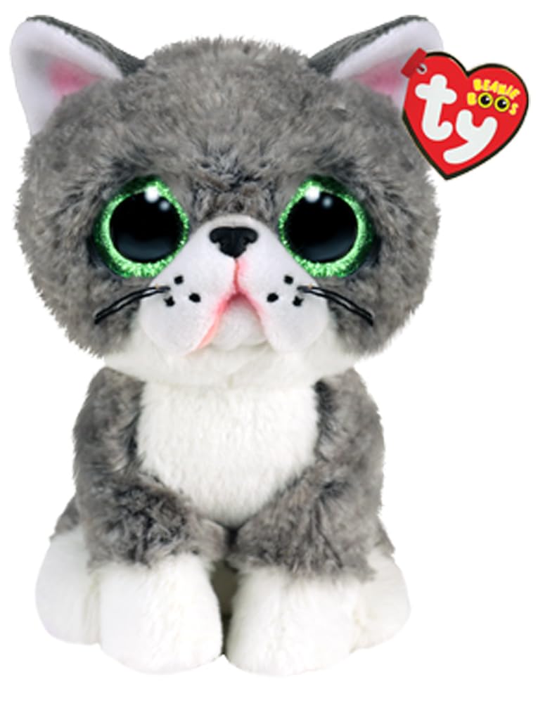 Ty Beanie Boos Fergus Cat Plush Toy - 15cm, Grey, Big Green Sparkly Eyes, Model 36581