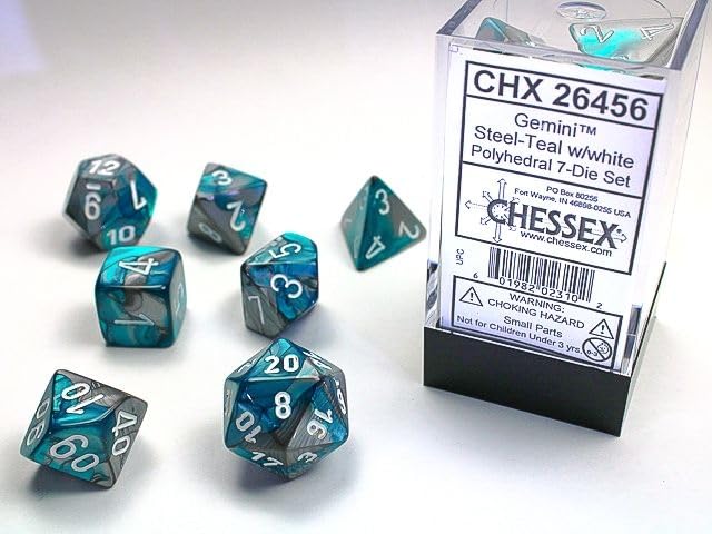 Steel And Teal Gemini Mini Dice With White Colored Numbers 10Mm (3/8In) Set Of 7 Chessex