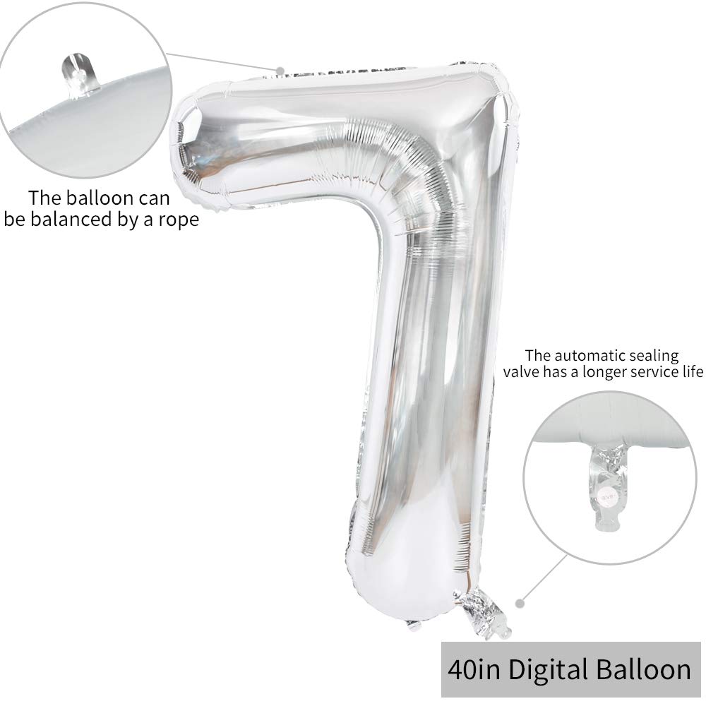 Toniful 40 Inch Silver Large Numbers Balloons 0-9, Number 7 Digital 7 Helium Balloons, Foil Mylar Big Number Balloons For Birthd