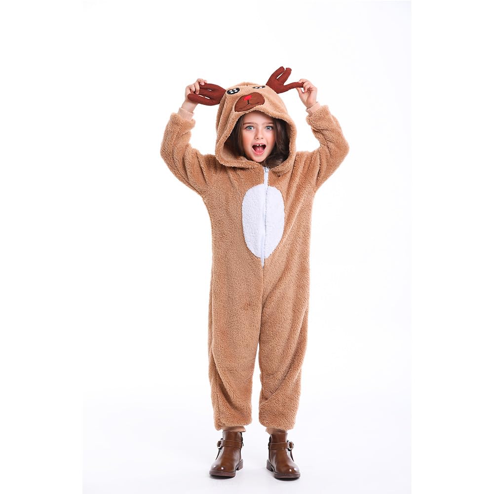 Yolsun Reindeer Costume For Kids Animal Girls Dress Up Flannel Onesie With Hood Christmas Party Role Play Uniform(4-6 Years)