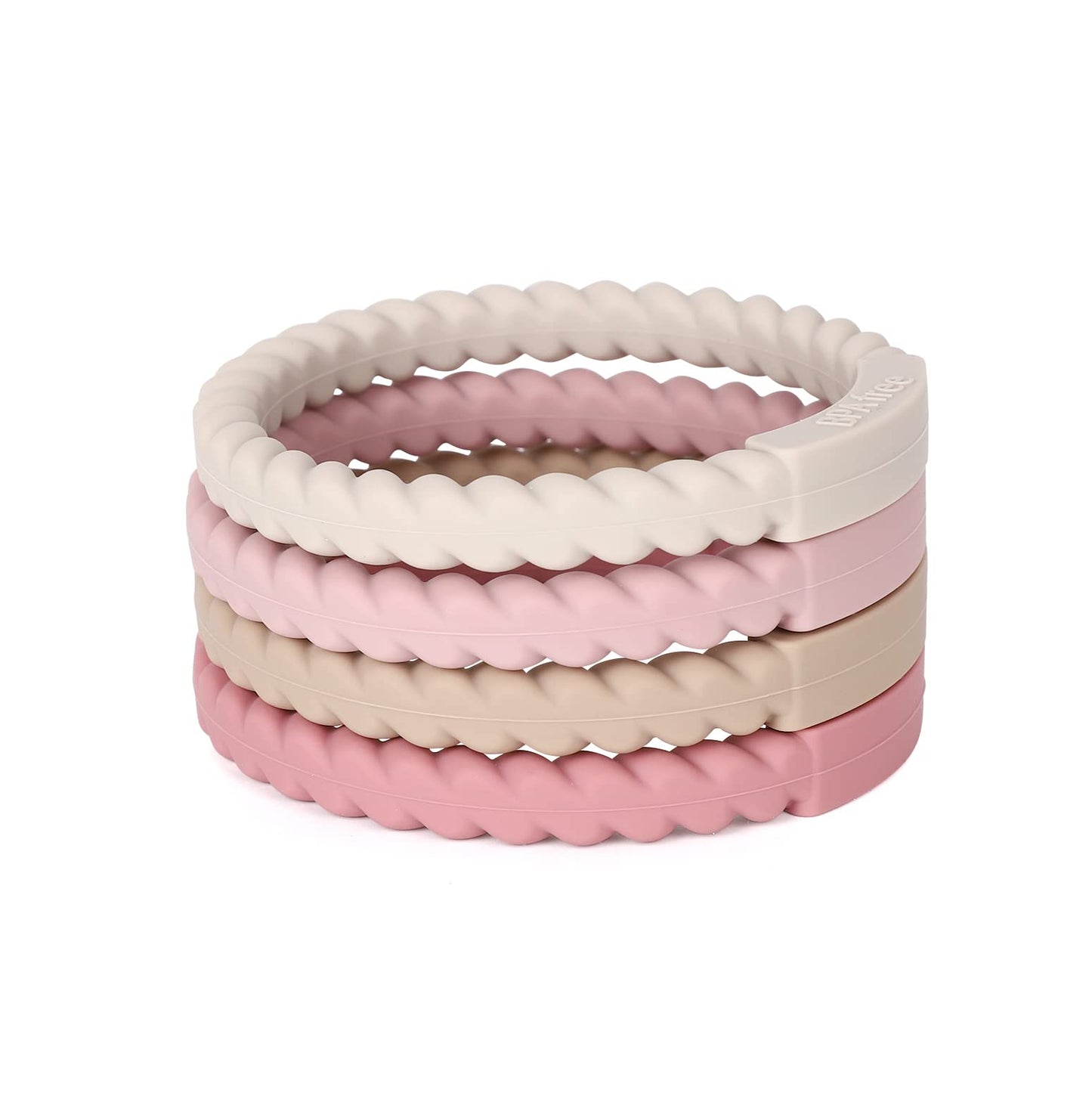 Socub Silicone Baby Teether Toy, 4 Pack Bpa Free Soft Silicone Teether Bracelets For 3+Month Babies, Wearable As Bracelets, Baby Chew Toy (Sand/Light Grey/Dusty Lilac/Power Rose)
