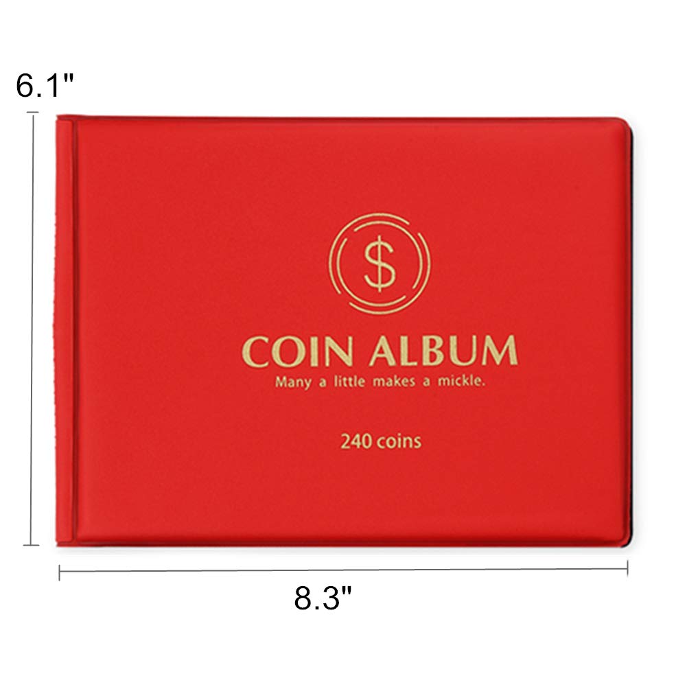 Mudor Coin Collection Holder Album For Collectors, 240 Pockets Coin Collection Book Supplies (Red)