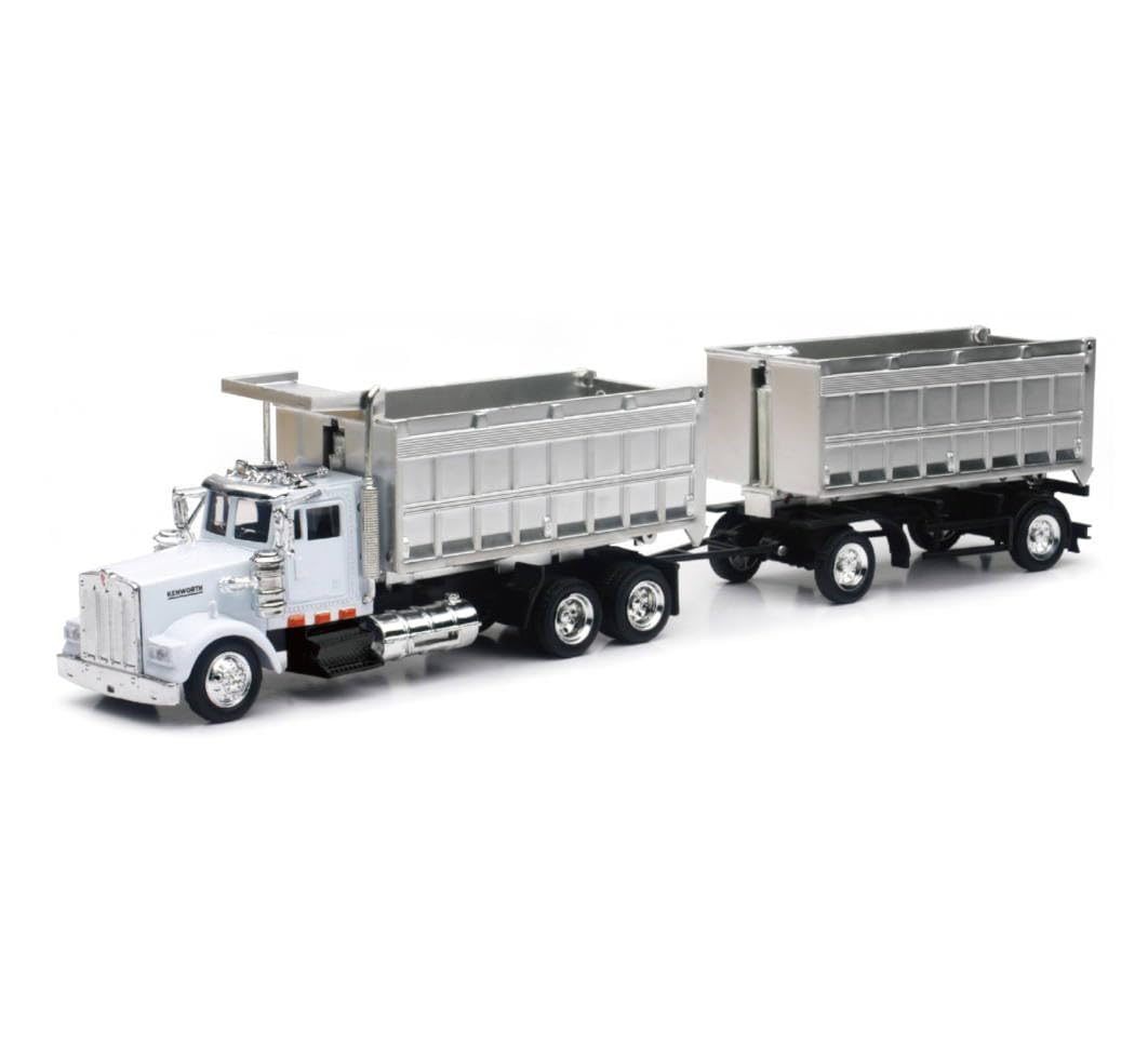 Kenworth W900 Double Dump Truck with Trailer in Red and Chrome, cab is die-cast Metal, Balance is high Impact Plastic,unisex-chi