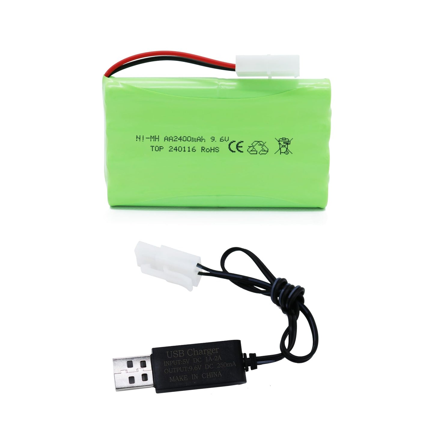 Tosiicop 9.6V 2400mAh NiMH Battery - RC Car Rechargeable Battery AA with Tamiya KET-2P Plug and USB Charge Cable for RC Car Spar