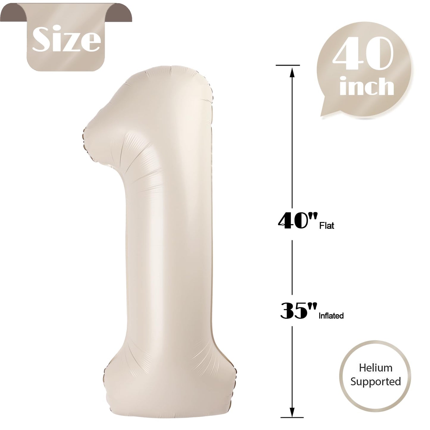 IWERP Cream Mylar Foil Number 1 Balloon, 40 Inch - First Birthday Decorations for Boys and Girls
