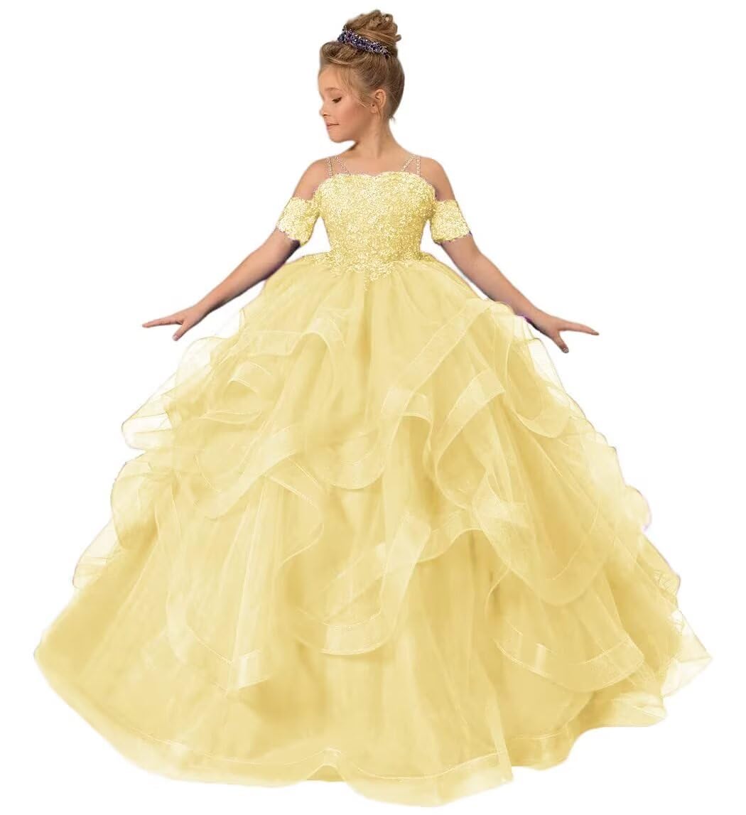 ZPVP Tulle Princess Girls Pageant Dress Tiered Ruffles Flower Girl Dress Beaded Appliques Wedding Party Costumes Yellow US6