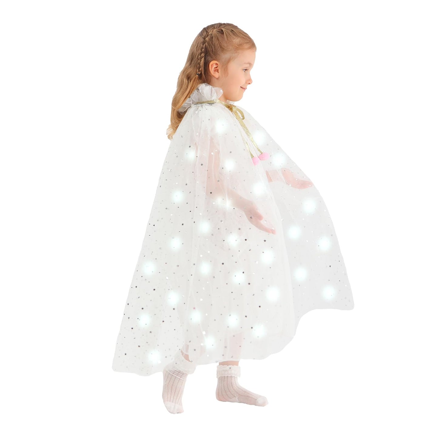 HSCTEK Light Up Princess Cape, White Princess Dress up Tulle Cape, Coloful Princess Outfit Costume Accessories Kids Toddlers Gir