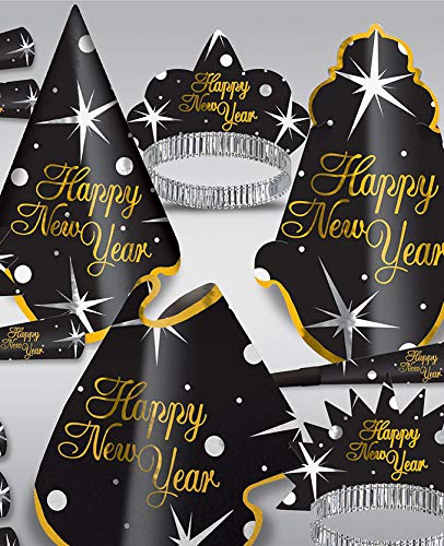 Beistle Happy New Year Shimmer Assortment For 10 People Hats, Tiaras, Noisemaker Horns-Party Favors And Supplies, One Size, Blac
