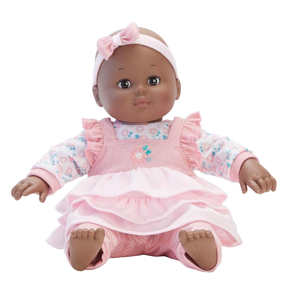 Madame Alexander 14-Inch Baby Cuddles Doll With Bottle, Pink Floral, Dark Skin Tone