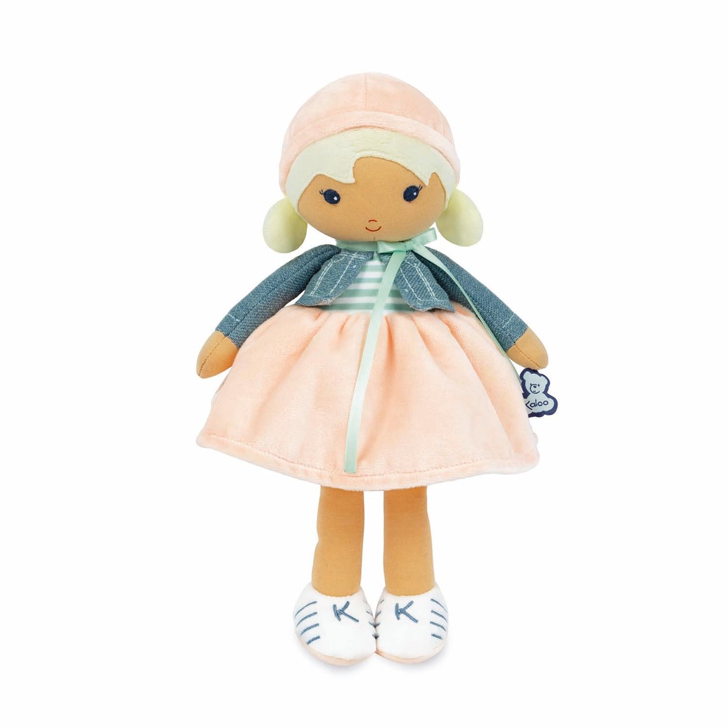 Kaloo Tendresse My First Fabric Doll Chloe K 9.75” Medium Soft Plush Figure In Peach And Striped Dress, Denim Jacket And Blonde Hair With Embroidered Face Machine Washable For Ages 0+, K963659