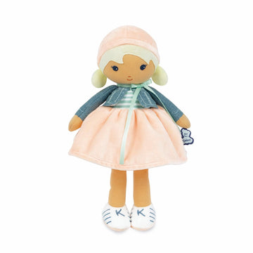 Kaloo Tendresse Chloe Fabric Doll - 25cm Soft Plush, Peach/Striped Dress, Denim Jacket, Embroidered Face, Machine Washable, Model K963659