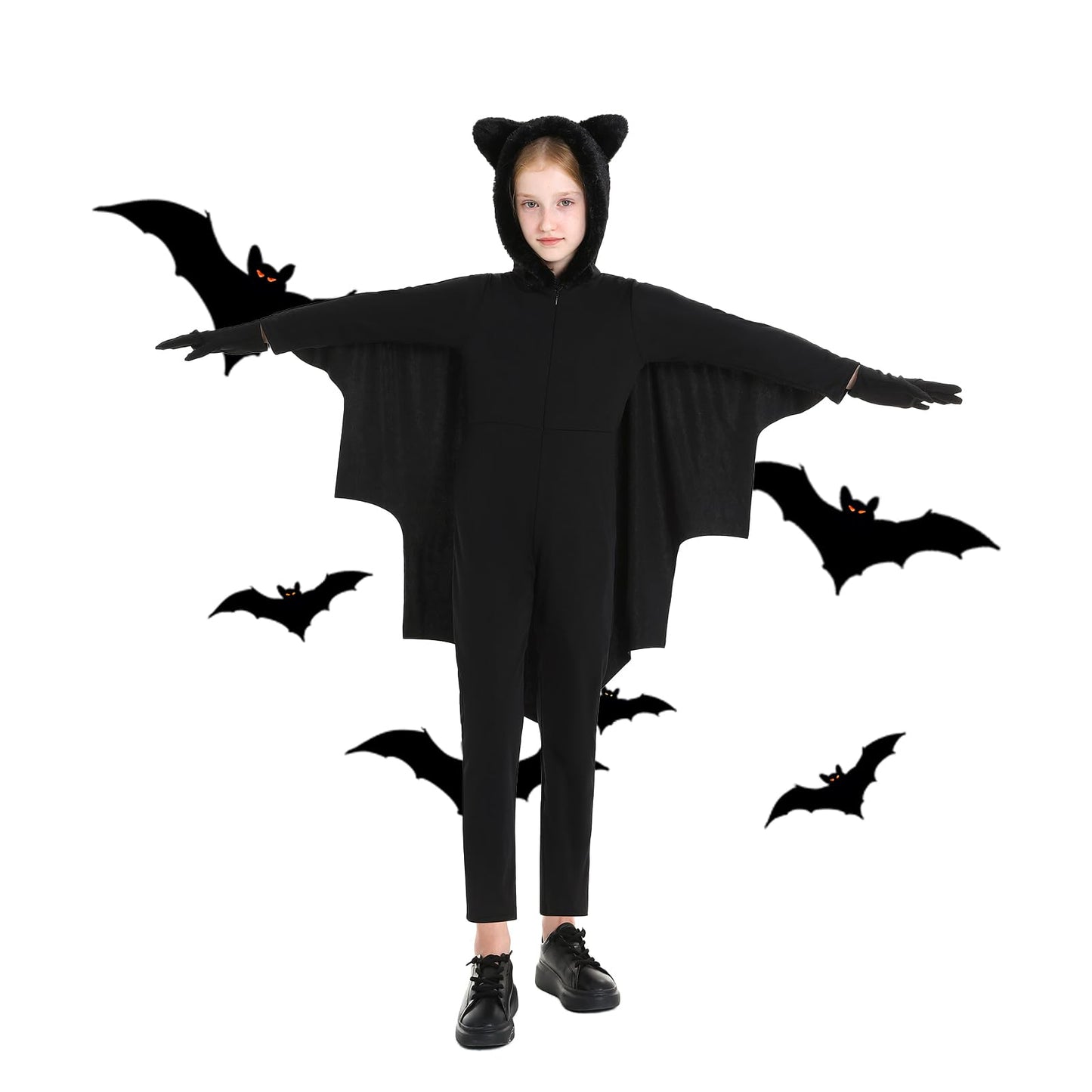Bat Halloween Costumes For Kids, Bat Costume Kids Halloween Dress-Up Set With Flowing Black Wings, Gloves, And A Pair Of Cute Fu