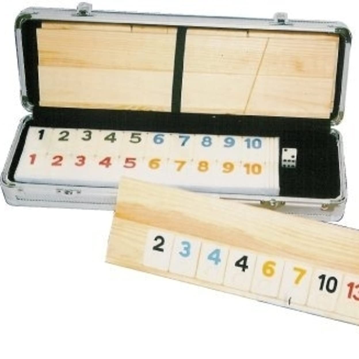CHH Deluxe Rummy Set with Wooden Racks in Aluminum Case, 13.5" x 4.25" x 3", Silver/Black, Model 5017AL