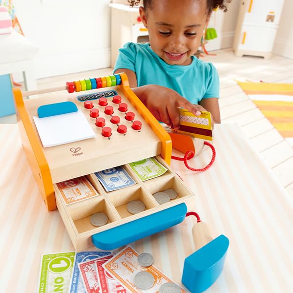 Hape Checkout Register - Wooden Cash Register Toy, Yellow, Model E3121B, Size: 7.6x7.9x4.8 inches