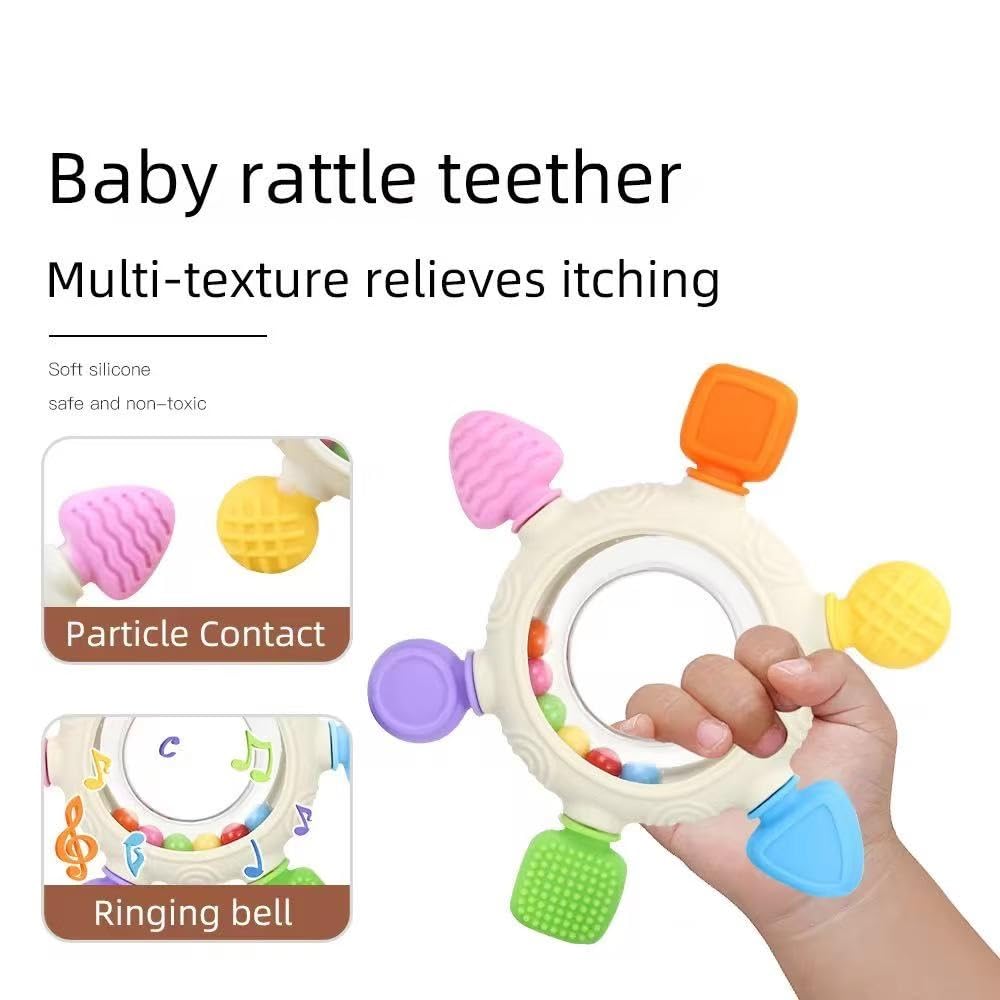 Silicone Baby Teething Ring with Rattle Beads - Multi-Textured BPA-Free Teether for Infants 3+ Months, Freezer Safe Chew Toy for