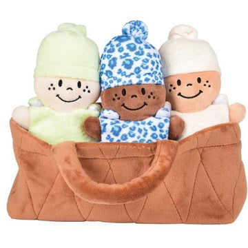 Creative Minds Basket Of Babies With 3 Super Soft 9'' Plush Doll Toys For Babies And Kids, Plush Multicultural Sensory Babies Toy Set With Basket, Green, White, Blue, Mtc-638