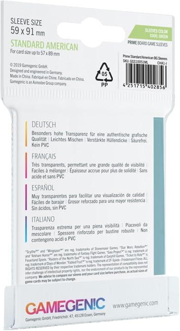 Prime Board Game Sleeves | Pack of 50 Extra-Clear Sleeves | 59 by 91 mm Card Sleeves Optimized for Standard American Card Games | enhanced Card Protection | FFG Green Color Code | Made by Gamegenic