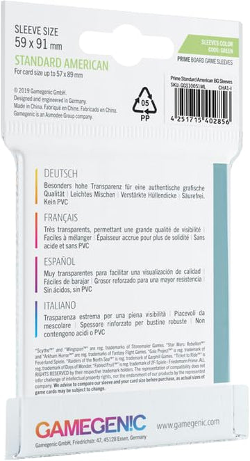 Prime Board Game Sleeves | Pack of 50 Extra-Clear Sleeves | 59 by 91 mm Card Sleeves Optimized for Standard American Card Games | enhanced Card Protection | FFG Green Color Code | Made by Gamegenic