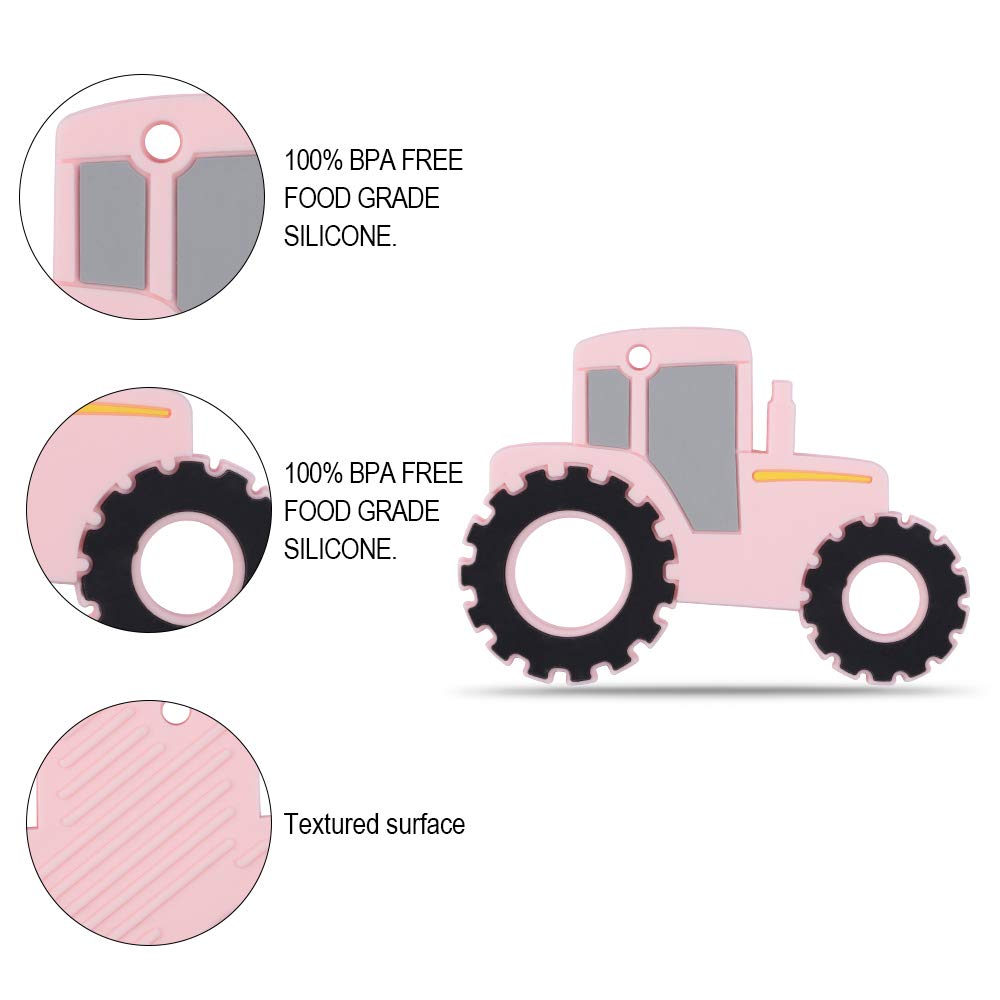 Amazingm Car Series Baby Teething Toys,Food Grade Silicone Chew Teether For 3 Months+ Infant Boy And Girl,Toddler Sensory Chewing Teether,Bpa Free. (Tractor, Pink)
