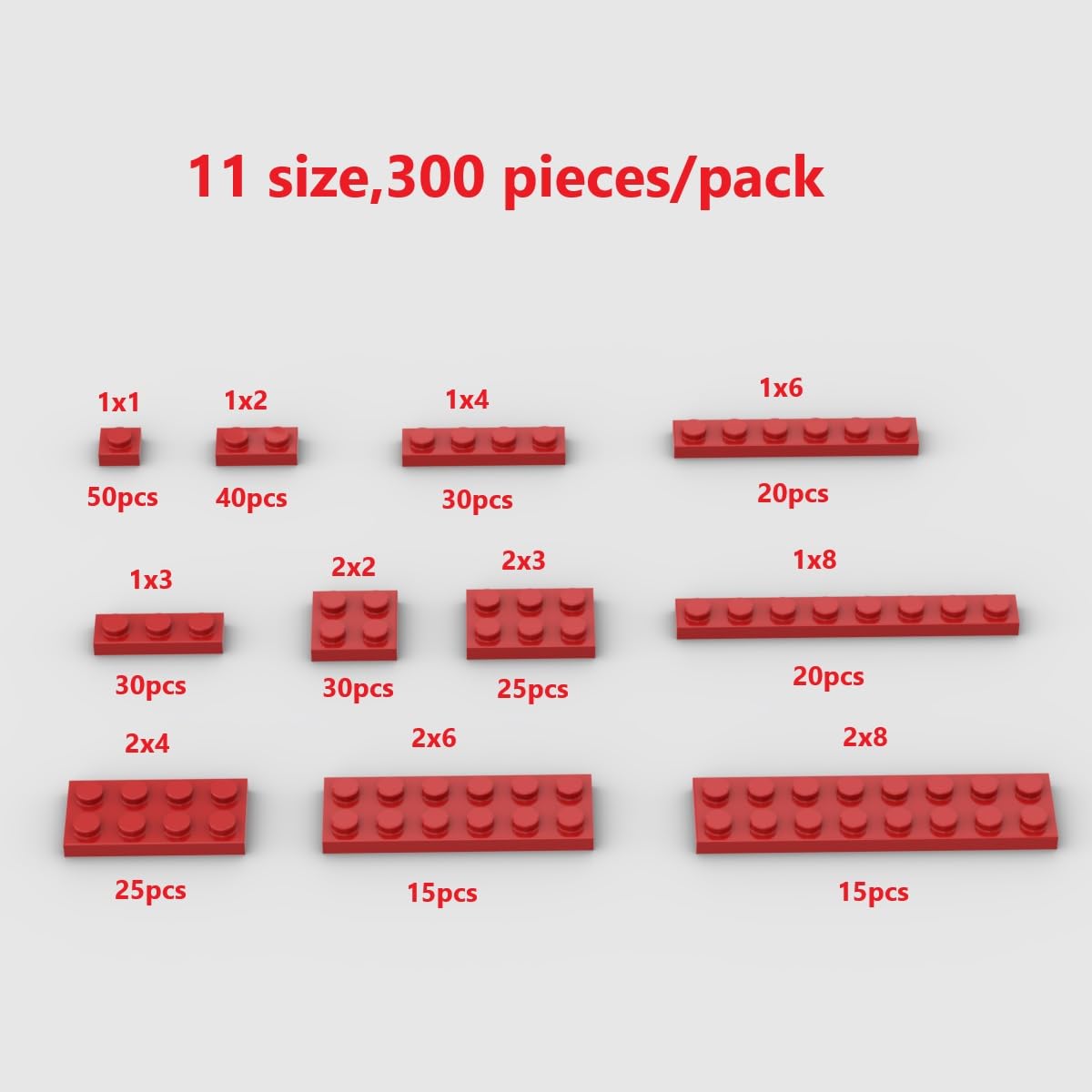 300 Piece Red Building Plate Bulk Assortment Pack, Red Small Base Plate Accessories For Building With 12 Size, Compatible With L