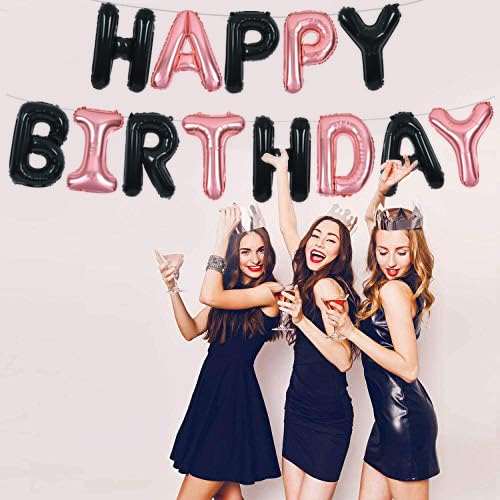 Toniful Black Rose Gold Happy Birthday Balloons Banner 16 Inch Mylar Foil Letters Birthday Sign Banner Bunting Reusable For Girl