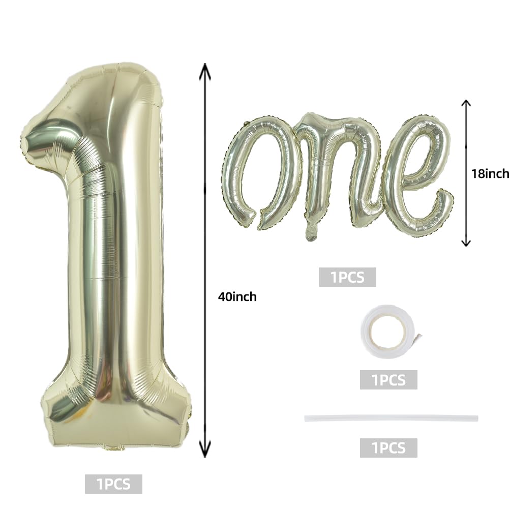 Toniful 40 Inch Giant Light Gold Number 1 Balloon,Mylar Foil Script Cursive Letter 1 Balloon Banner For Boys Girls Kids First Bi