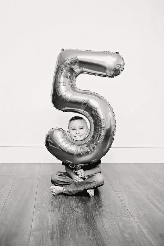 Silver 5 Balloon, Number Balloons 40 Inch, 5Th Birthday Balloon Decorations, Silver And Black Party Supplies, 5 Number Balloons,