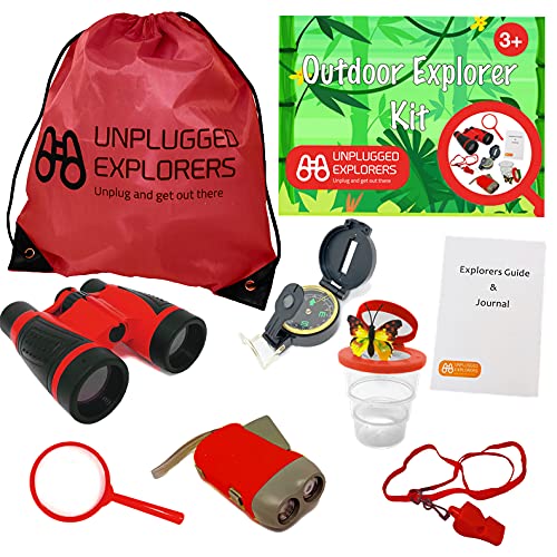 Unplugged Explorers 9 Piece Kids Outdoor Explorer Kit-- Backpack, Binoculars, Flashlight, Compass, Bug Collector, Whistle, Magnifying Glass, And Journal. Boy/Girl Stem…