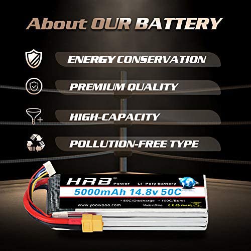 HRB 4S Lipo Battery 5000mAh 14.8V 50C XT60 RC Lipo Battery Compatible with RC Helicopter Airplane Car Boat Truck