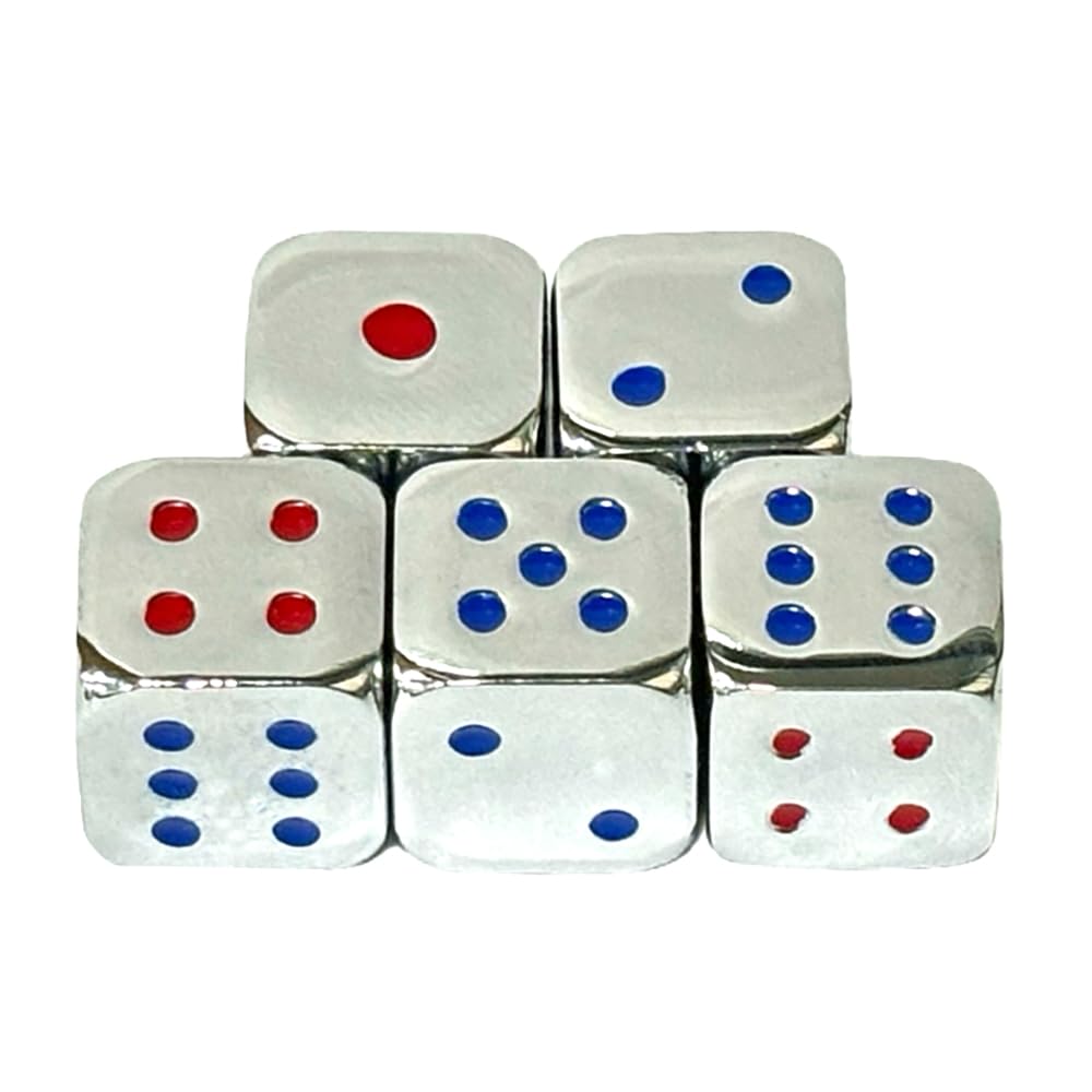 Oeaya 5 Pieces 6-Sided Dice 13Mm Solid Metal Game Dice Set Zinc Alloy Polyhedral Dice For Board Game (Silver With Colored Points