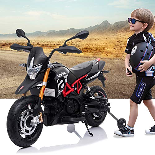 TOBBI 12V Aprilia Licensed Kids Ride-On Motorcycle Dirt Bikes for Kids with Training Wheels, Spring Suspension, Lights, Music St