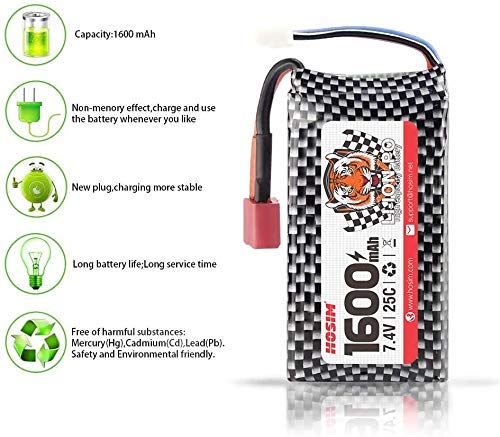 Hosim 7.4V 1600mAh 25-DJ02 RC Car LiPo Battery & USB, Spare Replacement Parts Assessory S920 9125 HB101/HM101/HM103/HM121/HM124/
