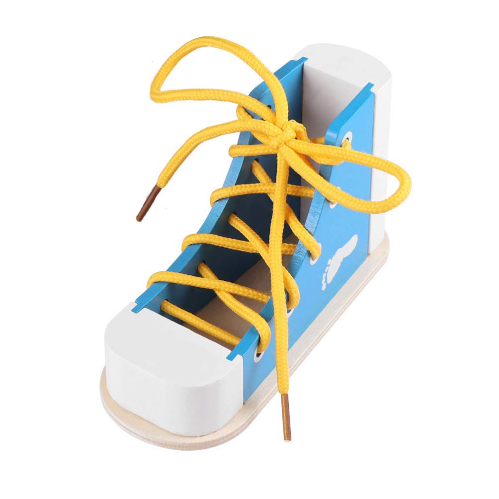 Nuobesty Learn To Tie Shoes Wooden Lacing Shoe Toy Shoelaces Tying Toy Teaching Kit For Kids, Blue