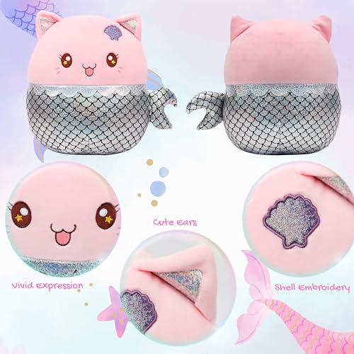 Mushymallow 12 Mermaid Cat Plush Pillow Soft Mermaid Stuffed Animal Cute Cat Plush Toy Birthday Christmas Festival Gift For Kids