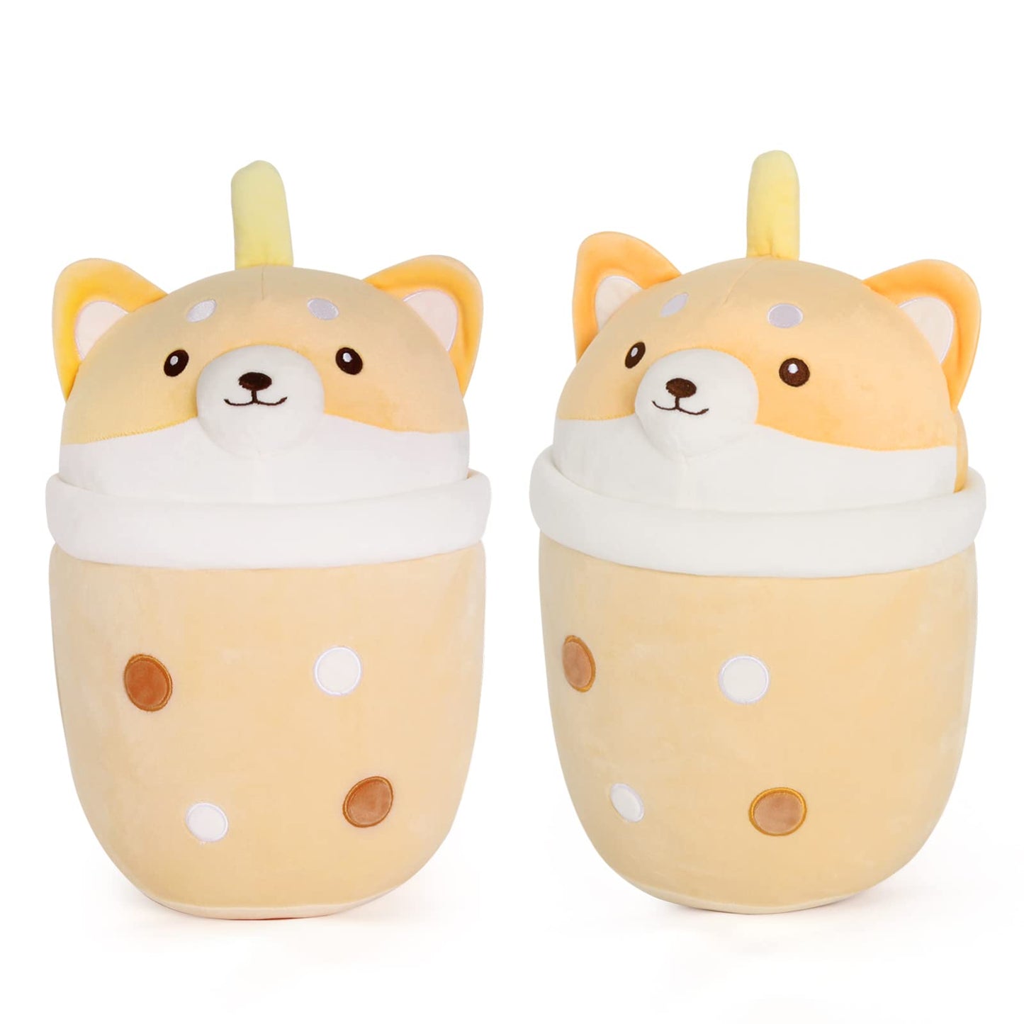 MMguai 14 inch Cute Big Boba Tea Shiba Inu Dog Plush Soft Hugging Pillow,Large Corgi Brown Pearl Milk Tea Stuffed Animals Toy Do