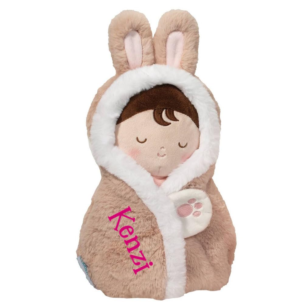 Baby Doll Play Set Baby Hug Plush Stuffed Animal Soft Doll with Swaddle Personalized with Custom Name - 10 Inch (Brown Bunny)