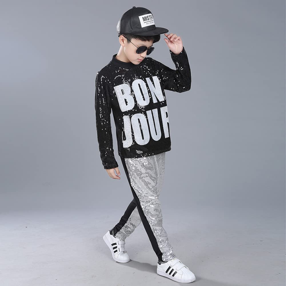 Lolanta Kids Dance Costume Boys Girls Sequins Hip Hop Clothes 80S 90S Outfits Shiny Dress Up Dancewear(Silver,12-14)