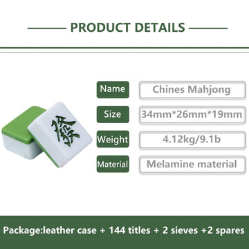 drizzle Mahjong Set - 34mm Green Tiles - 146 Medium Size - Traditional Chinese Game - Includes Instructions - Perfect for Family & Parties