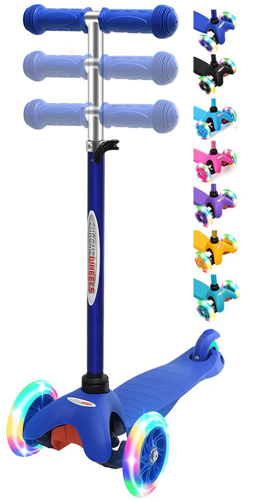 Chromewheels Scooter For Kids, Deluxe 3 Wheel Scooter For Toddlers 4 Adjustable Height Glider With Kick Scooters, Lean To Steer With Led Flashing Light For Ages 3-6 Girls Boys (Blue)