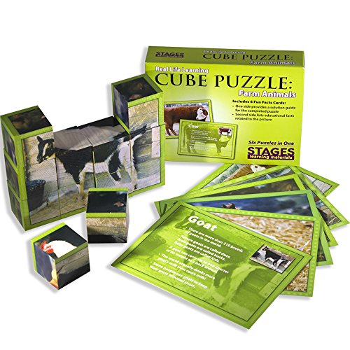 Stages Learning Wooden Farm Animal Cube Puzzle For Preschool Language Builder (Slm408)