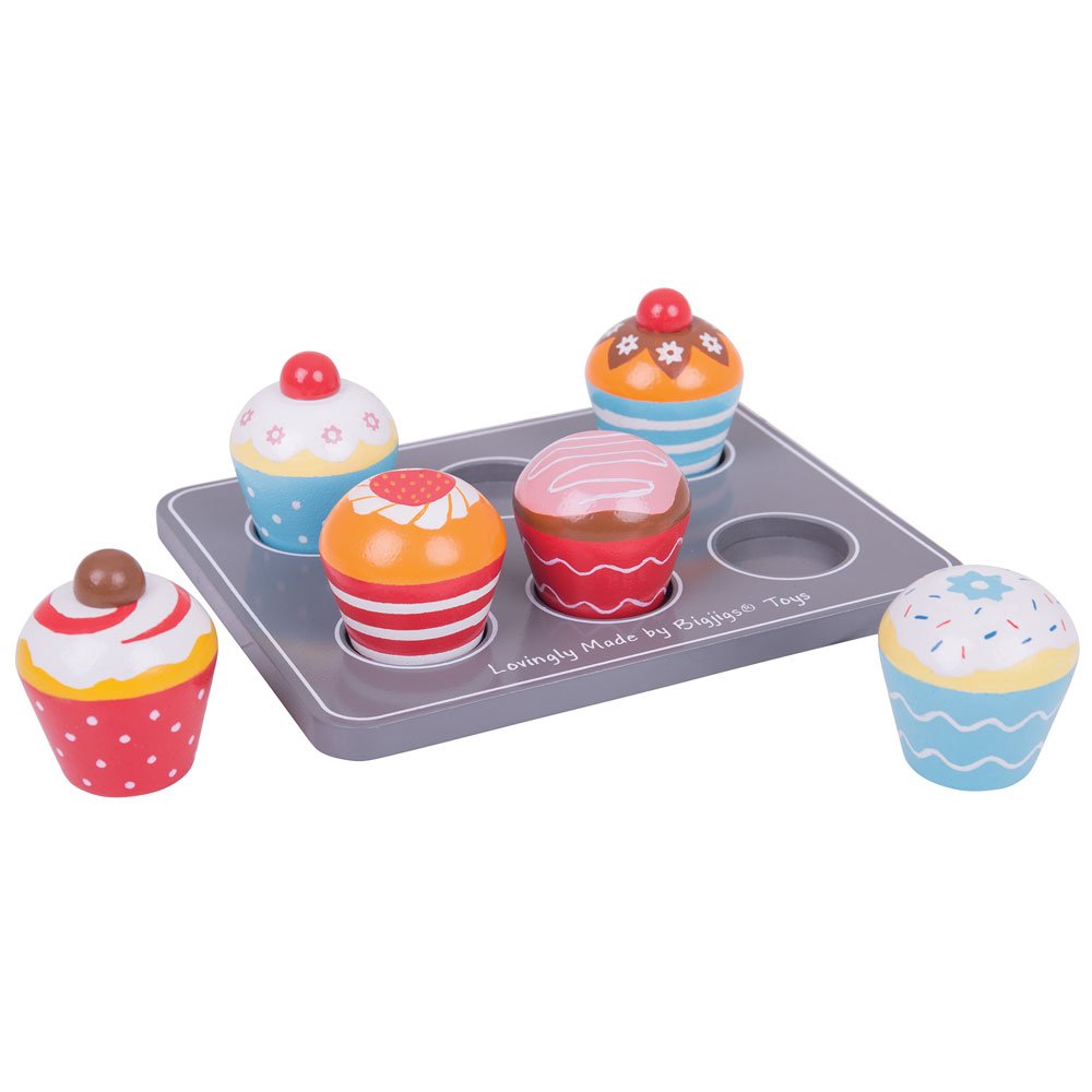 Bigjigs Toys Wooden Cupcakes Muffin Tray - Colorful Pretend Play Food for Creative Kids