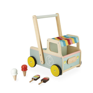 Janod Wooden Pull-Along Ice Cream Cart with 4 Ice Creams, Silent Wheels, Anti-Tip System, FSC-Certified, Multicoloured, Model J08049