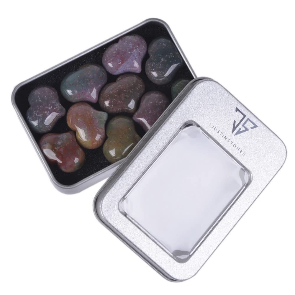 Natural Multi-Color Indian Agate Gemstone Healing Crystal 1 Inch Mini Puffy Heart Pocket Stone Iron Gift Box (Pack Of 10)