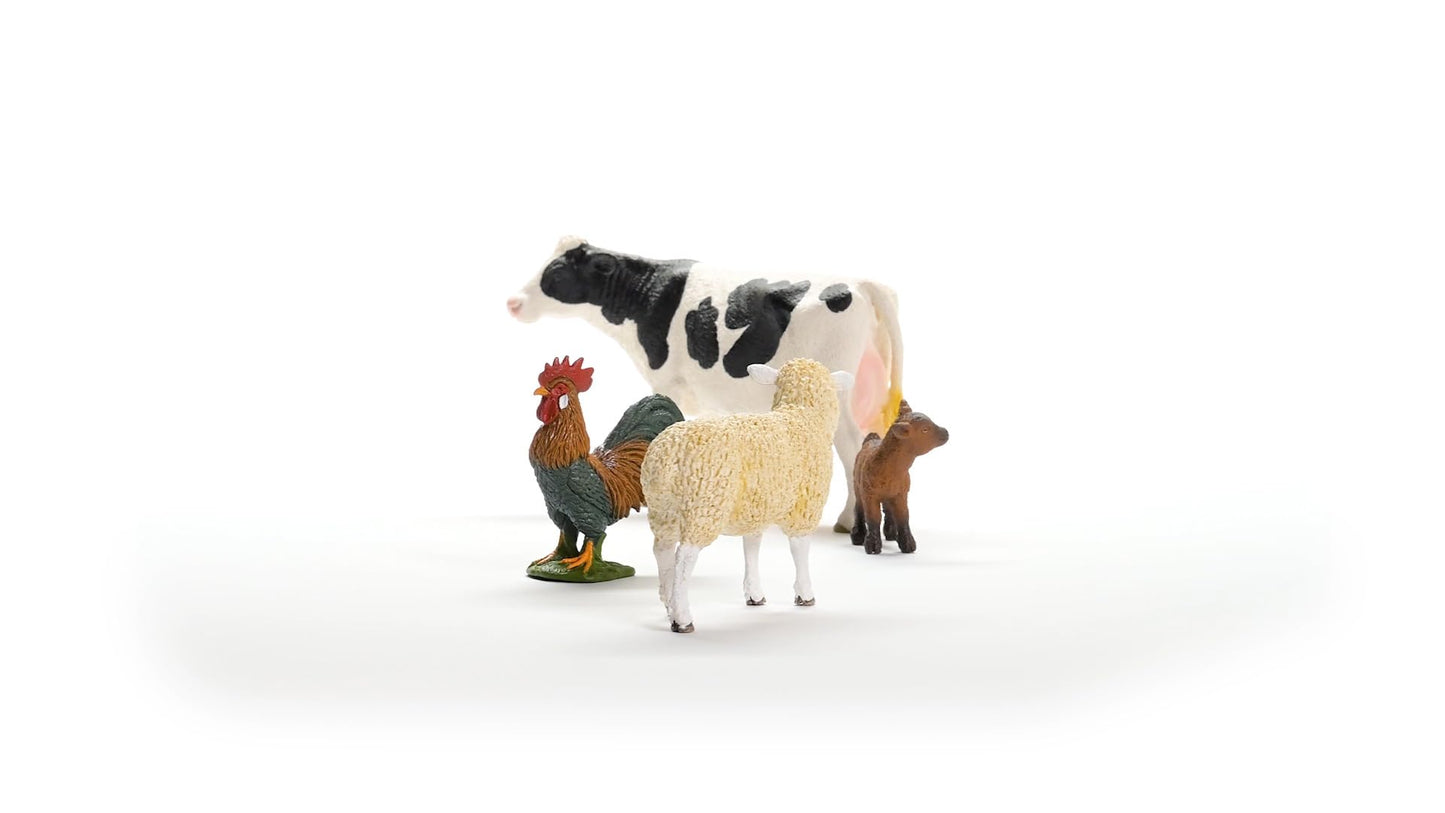 Schleich Farm World - Starter Set, Includes 4 X Collectible Toy Farm Animals, Cow, Sheep, Donkey Foal And Rooster Farm Animal To