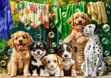500 Piece Jigsaw Puzzle, Puppies, Laundry and Bird Antics, Puppies, Dogs, Golden Retriever, Dalmatian, Bubbles, Animal jigsaw, Adult Puzzle, Castorland B-54152
